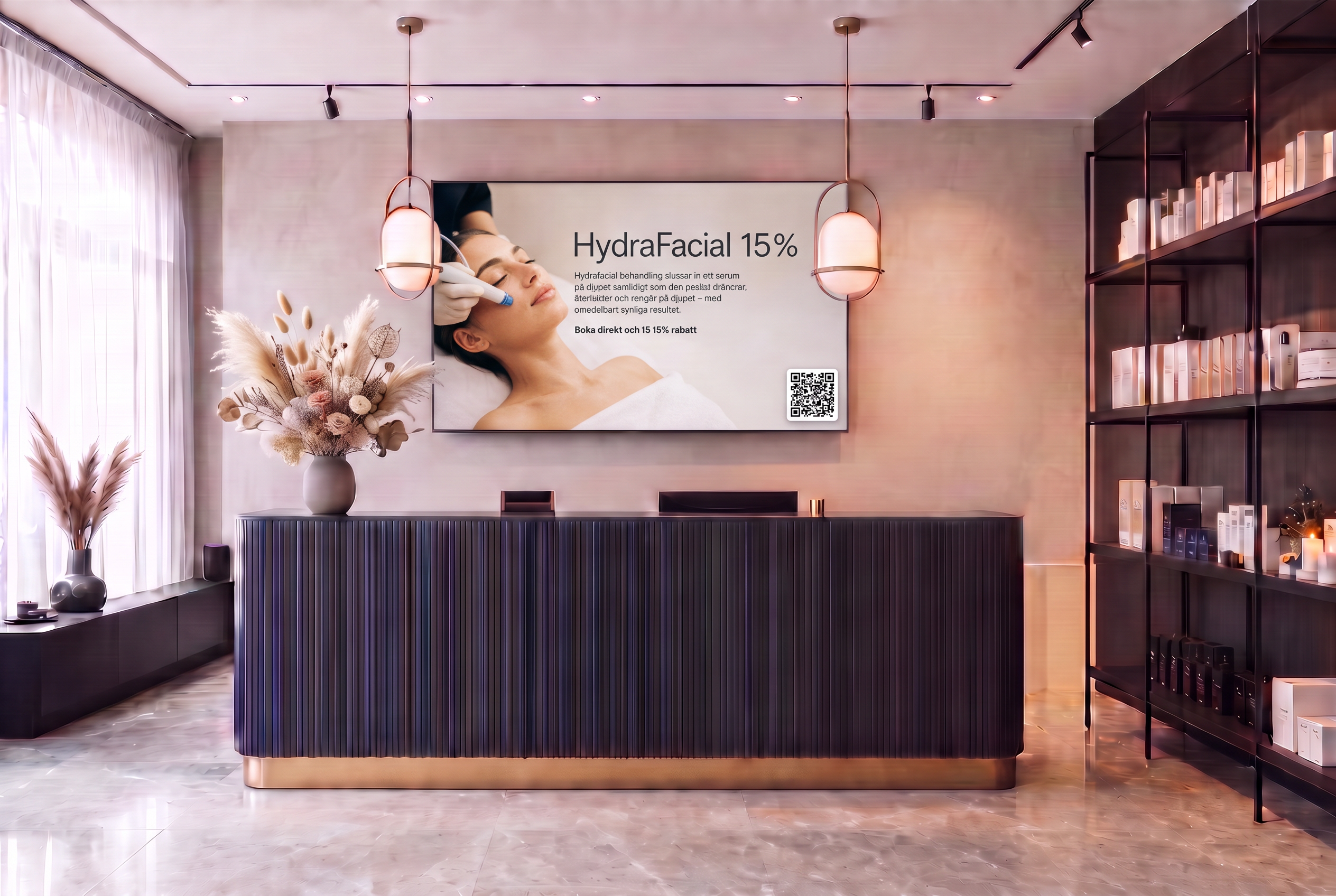 Digital tavla från TellrBoard i kassan på en skönhetssalong